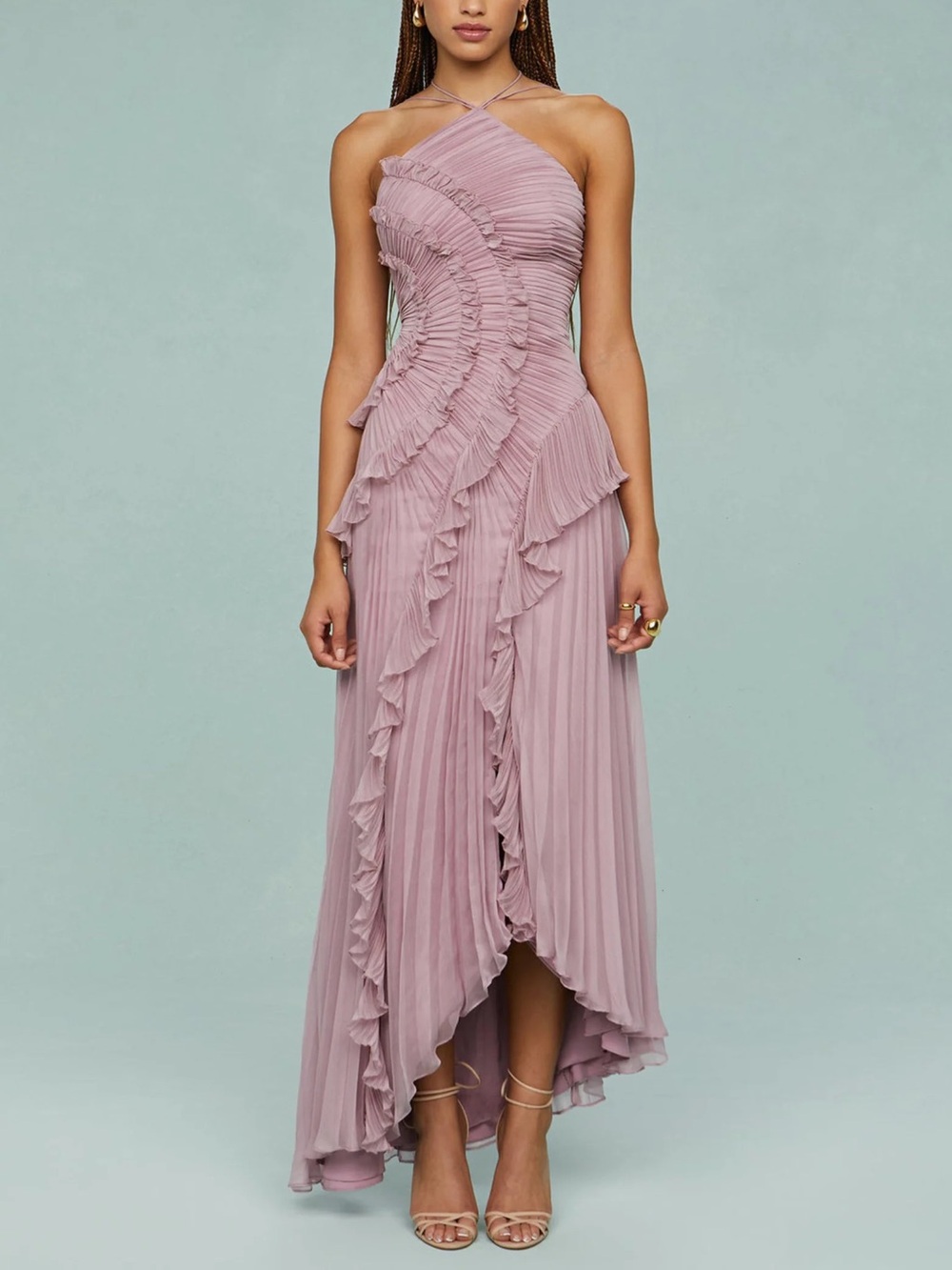 Asymmetric Ruffle Pleated High-Low Dress in Mauve